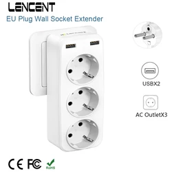 LENCENT ue wtyczka gniazdo ścienne Extender z 3 gniazdami AC + 2USB porty 5V 2.4A zasilacz zabezpieczenie przed przeciążeniem dla domu/biura