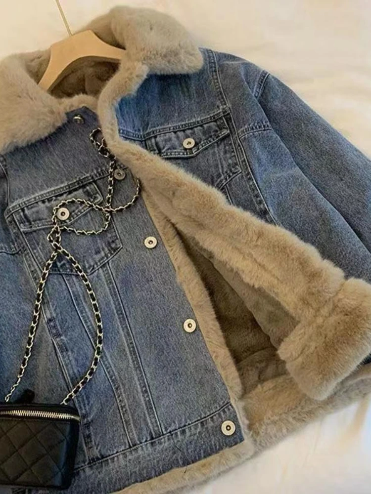 Coat Women Denim Coats Turn Down Collar Jackets Y2k Streetwear Work Lamb Wool Elegant Casual Loose Jacket Autumn Winter