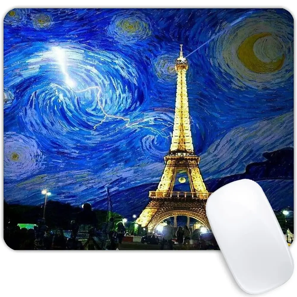 Van Gogh Starry Night And Eiffel Tower Printing Lock Edge Gamer Mouse Mat Keyboard Mats Desk Pad Mousepads 22x18cm