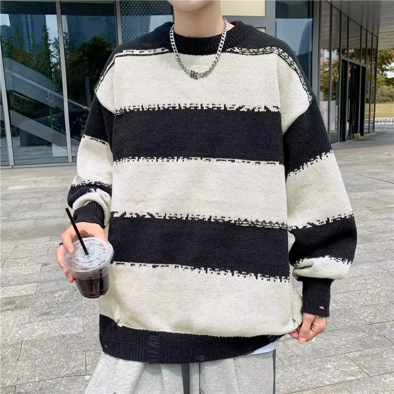 

Мужской осенне-зимний полосатый трикотаж большого размера, длинный свеч, круглый свободный свитер, бейсбольный воротник, ромбовидный узор, модный