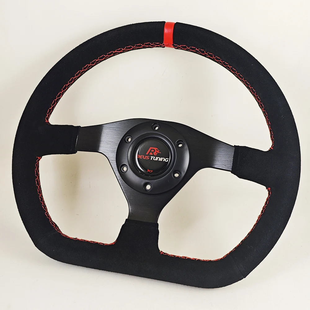 32CM 12.6inch D Shape Suede Leather Red Stitch Sport Racing Race Rally Car Truck Karting Game Simulator Steering Wheel 70mm-PCD