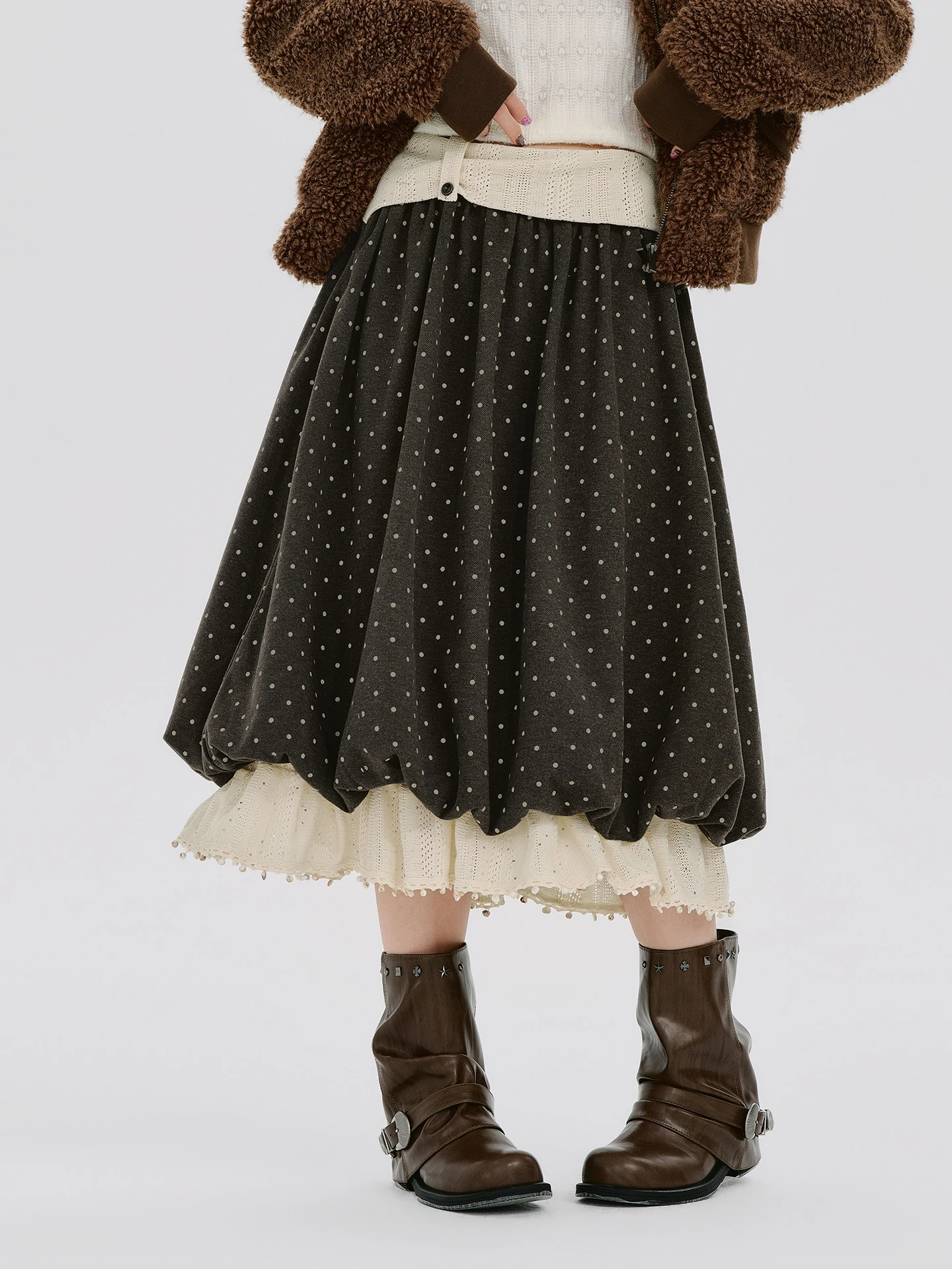 Girlyhalo American Retro Polka Dot Lace Splicing Flower Bud Half Skirt Women's Loose Wide Hem Long Skirt Autumn New Style