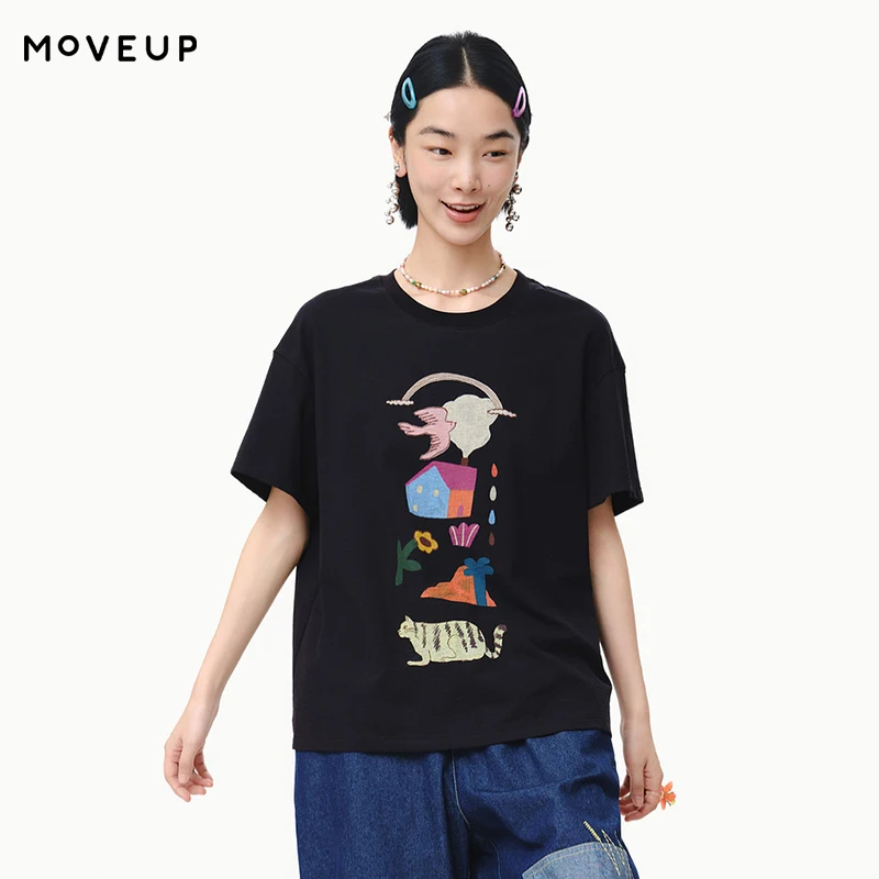 

MOVEUP Casual Short Sleeves Round Neck T-Shirt 2026 Spring Creative Cartoon Print Design Commuting Loose Top For Women 325110562