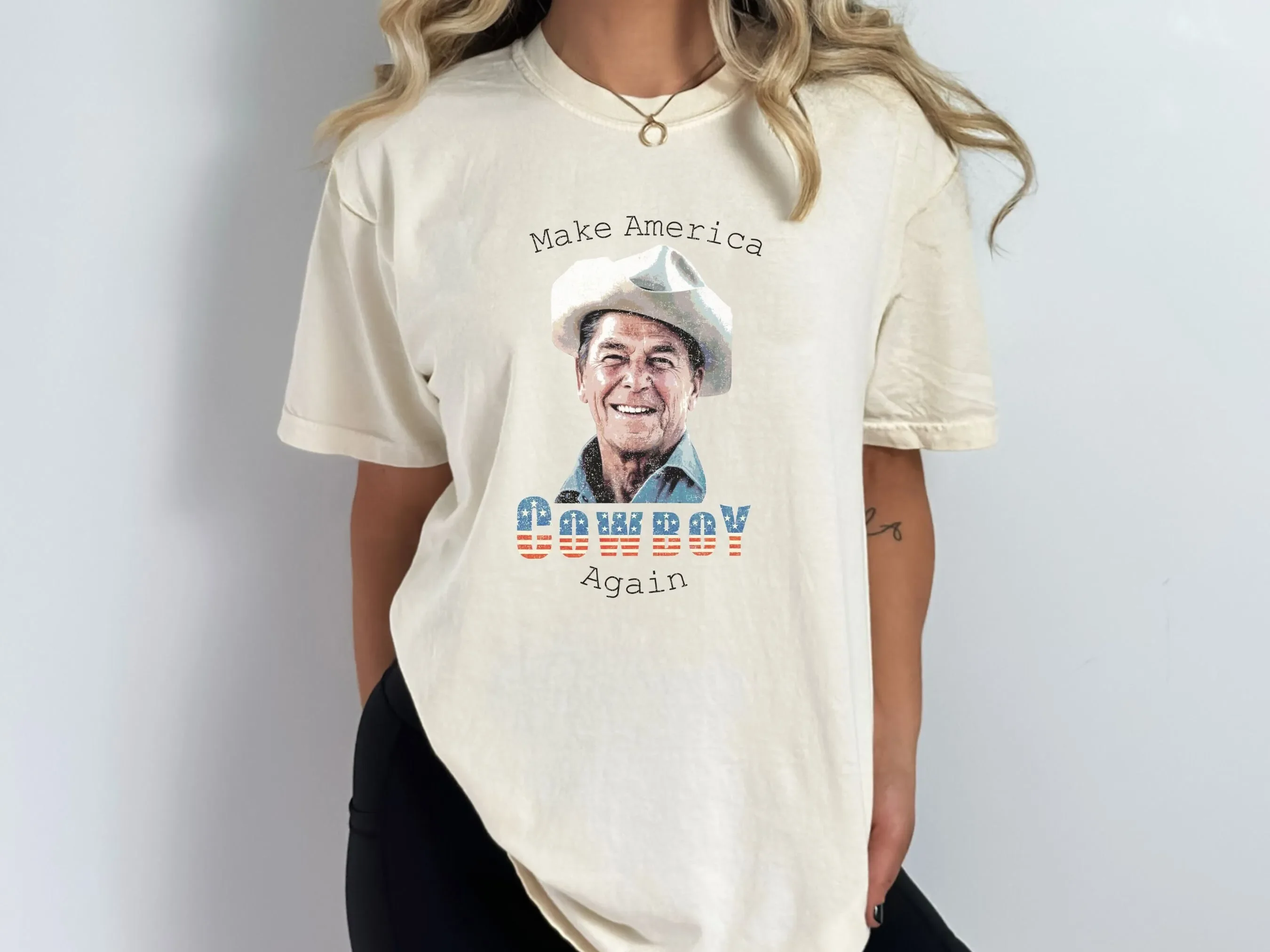 تي شيرت وطني يجعل رعاة البقر الأمريكية مرة أخرى رونالد ريغان ملابس الولايات المتحدة الأمريكية أثار الحق الجمهوري خمر