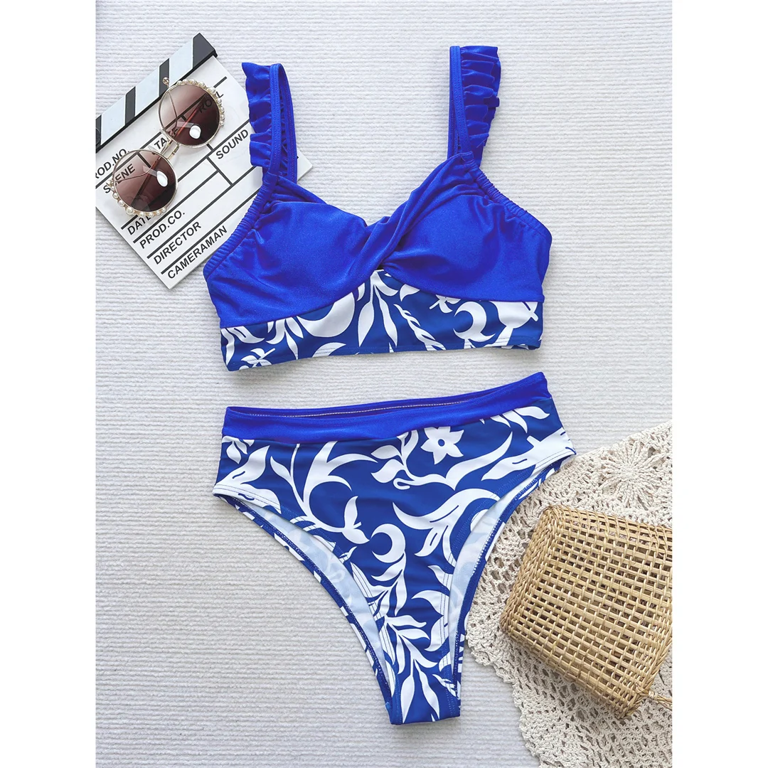 Bedruckter, gespleißter, gerüschter Damen-Badeanzug, Bikini mit hoher Taille, zweiteiliges Bikini-Set, Damen-Badebekleidung, Badeanzug, Schwimmanzug V5955 – Detail 8