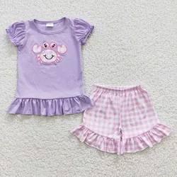 Wholesale Baby Girl Summer Set Purple Short Sleeves Embroidery Crab Cotton Clothes Shirt Kid Ruffle Plaid Shorts Children Outfit