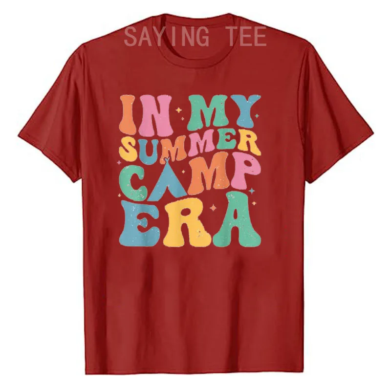 Groovy in My Summer Camp Era Retro Summer Camper Women T-Shirt Hiking Camping Lover Graphic Outfit Letter Print Saying Tee Tops