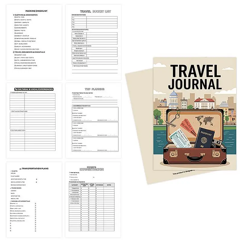 Diario de viaje para mujer, cuaderno con lista de verificación con cubierta laminada y bolsillo de almacenamiento, Bloc de notas portátil para registros manuscritos