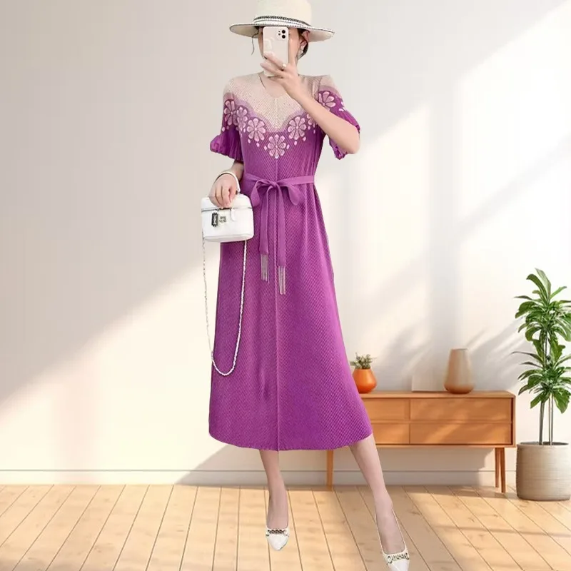 

Miyake 2025 New Summer Temperament Pleated High Elasticity Dress Fashion Short-sleeved Pleated Long Elegant Dinner Costumes