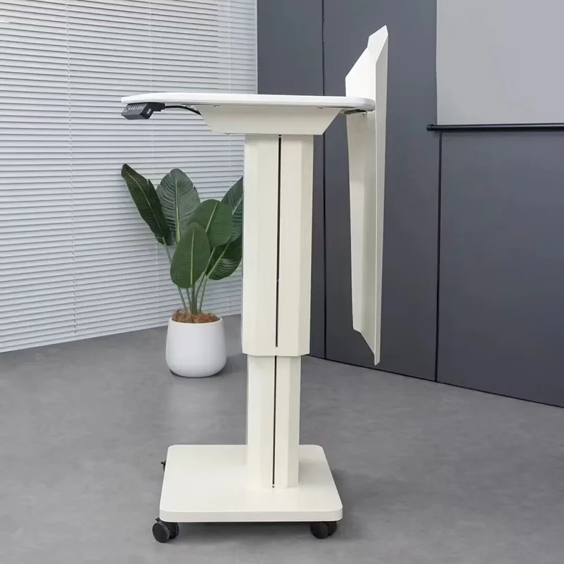 โต๊ะยกไฟฟ้าสีขาว แท่นบรรยายแบบเรียบง่าย โต๊ะบรรยายเหล็กและไม้ โต๊ะประชุมเคลื่อนที่สำนักงาน แท่นบรรยายขนาดเล็ก