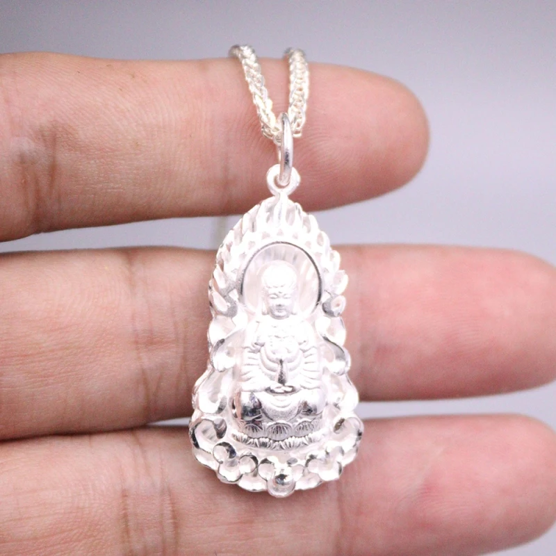 

Real Pure 999 Fine Silver Men Women Gift Lucky Characters Flame Guanyin Pendant