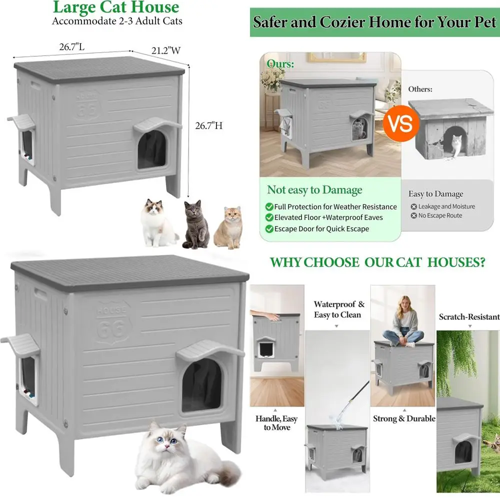 

Большой серый водонепроницаемый уличный кошачий домик с аварийной дверью для нескольких кошек, подходит для использования в помещении и на открытом воздухе