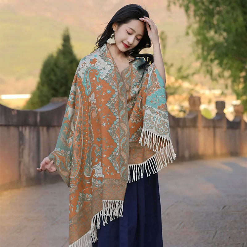 Bohemian Style Faux Cashmere Shawl - Women's Artistic Cashew Pattern Poncho Cape"