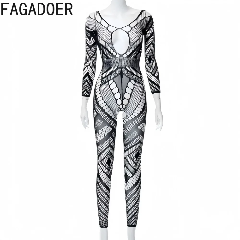 FAGADOER tricot Sexy évider moulante combinaison femmes voir à travers manches longues une pièce barboteuse femme fête Clubwear salopette