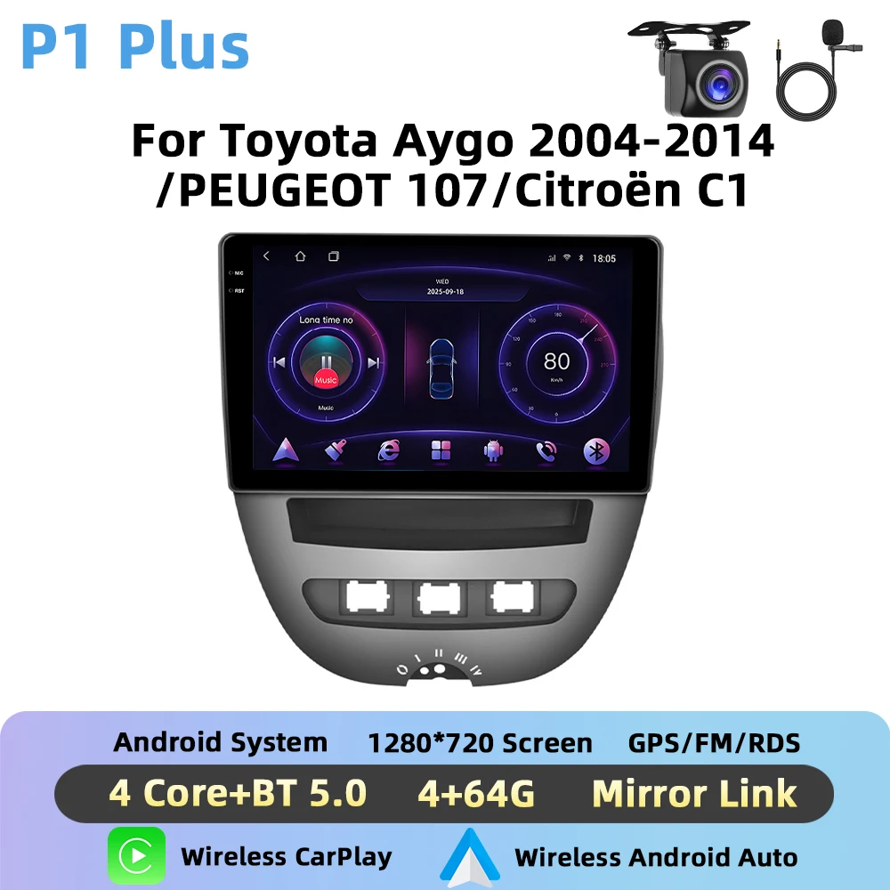 Podofo 10 ''Draadloze CarPlay AI Voice Autoradio Voor Toyota Aygo 2004-2014/PEUGEOT 107/Citroën C1 Android GPS DSP Autoradio FM BT