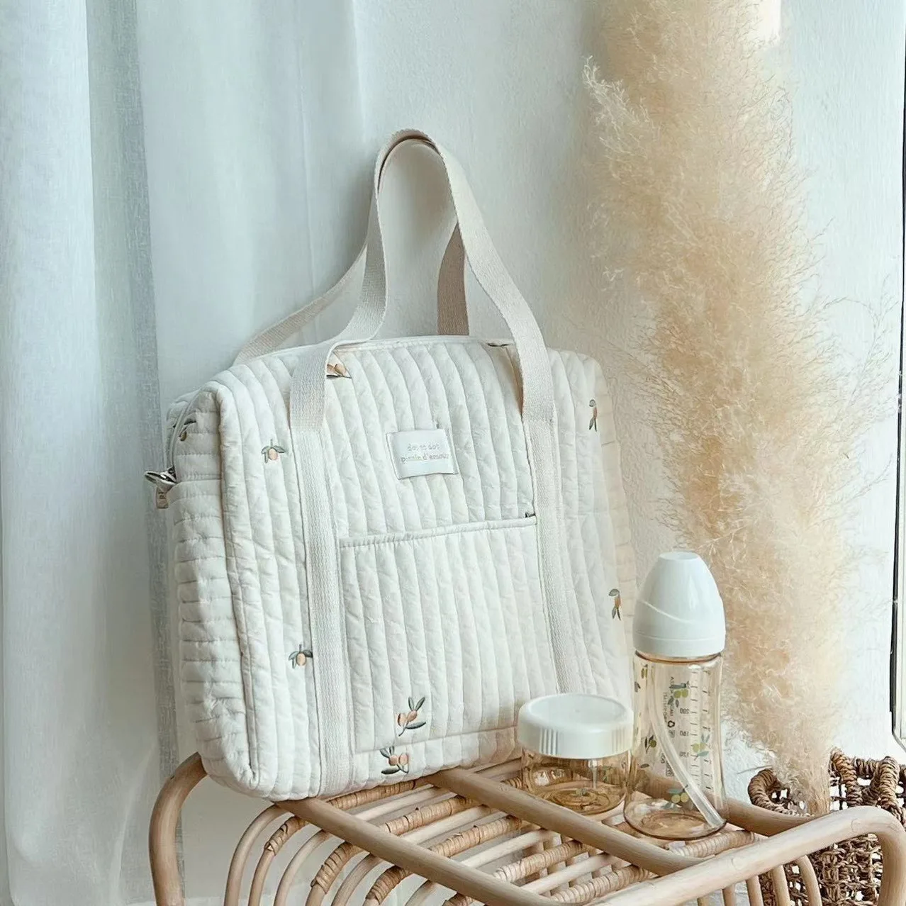 Sac fourre-tout matelassé en coton avec fermeture éclair pour maman, sac de finition pour couche-culotte, remorque pour poussette, grande capacité, Ins