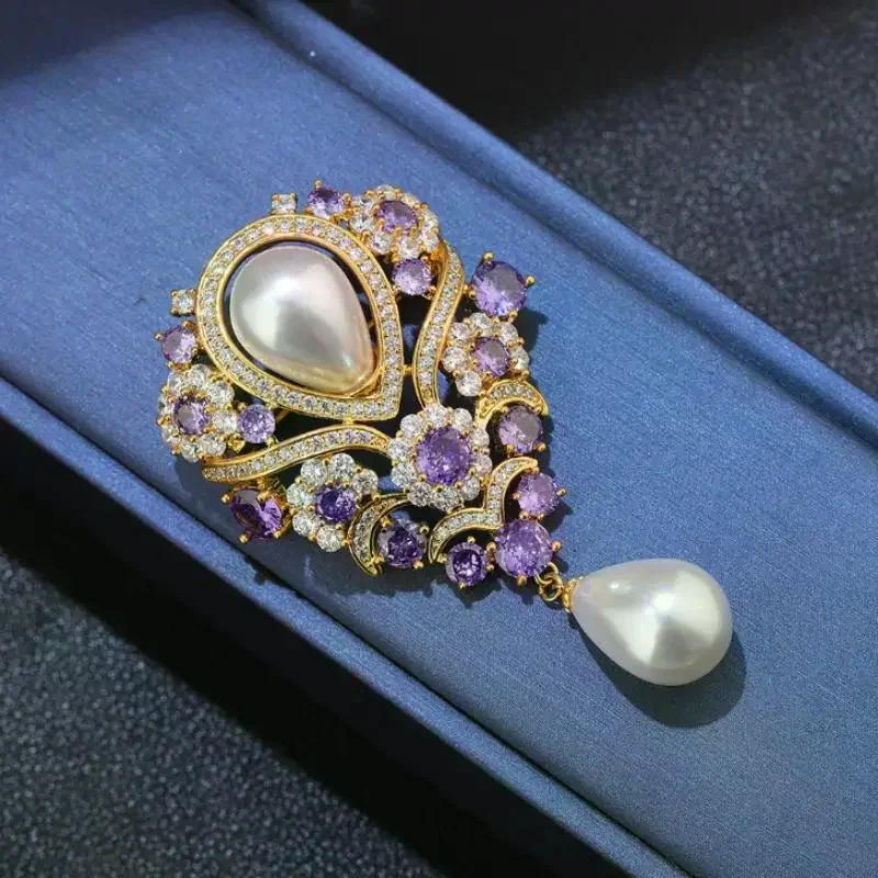 Violet Pearl Pendant Brooch Rhinestones for Upscale Business Meeting Attire