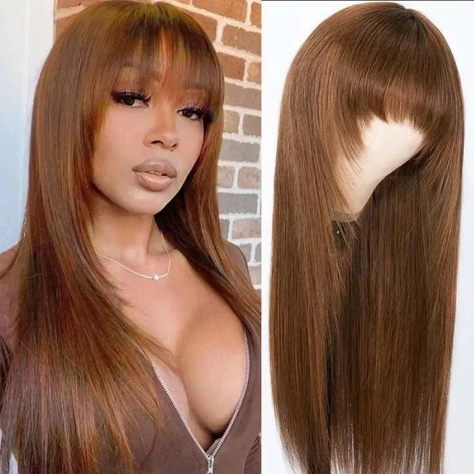 

Reddish Brown Bangs Wigs Human Hair Wig Easy Brown Straight Human Hair Wigs with Bangs Affordable Layer Cut Straight Hair Wigs