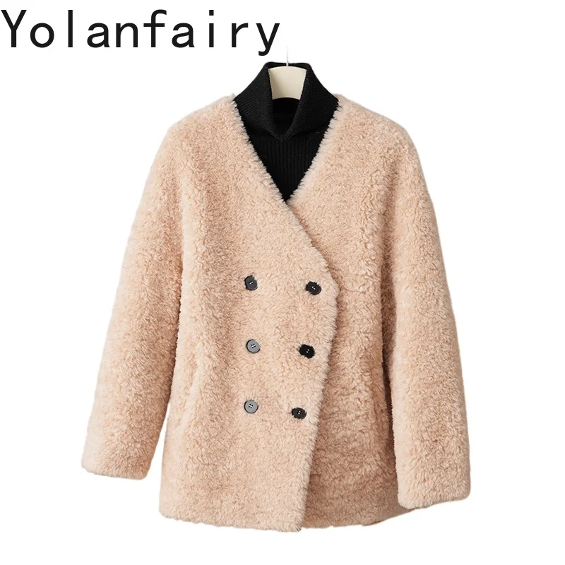 

YOLANFAIRY 100% Wool Jackets for Women Autumn Winter V-neck Granular Lamb Wool Jacket Elegant White Fur Coats Roupas Femininas