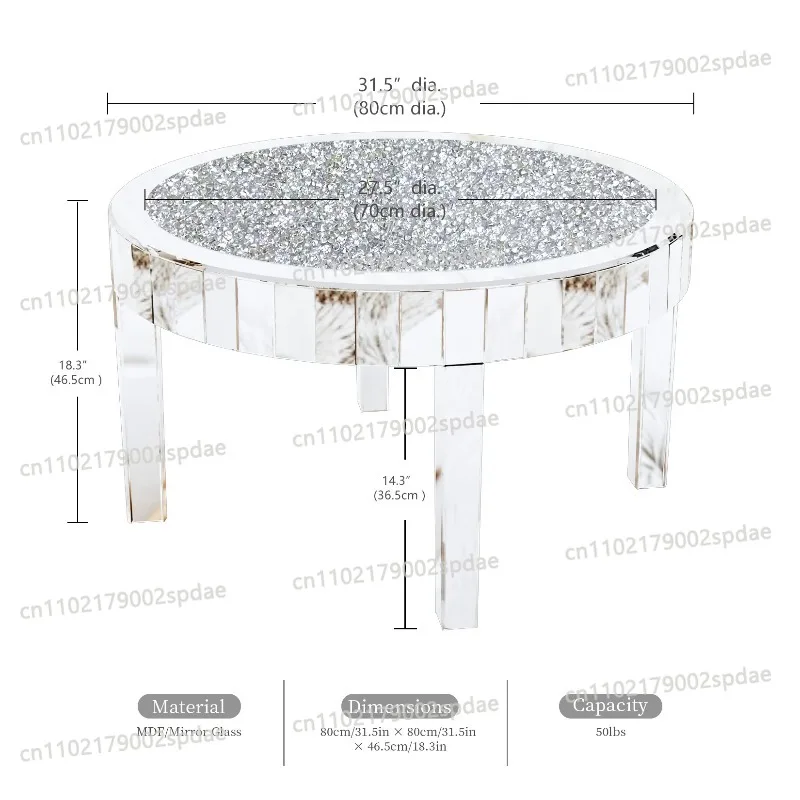 Large Round Beveled Mirrored Coffee Table Crushed Rhinestone Decor End Side Table for Home Living Room