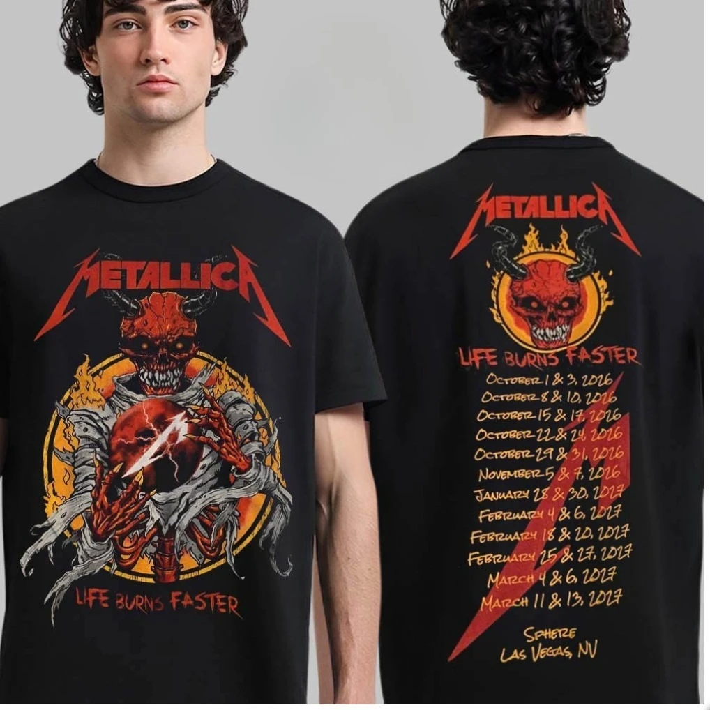 Metallica Las Vegas Sphere Tour 2026-2027 Double Sided T Shirt Life Burns Faster Cthulhu Graphic Unisex Rock Band Short Sleeve
