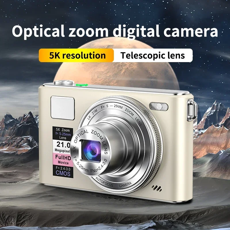 5K 64MP HD Digital Camera 5X Optical Zoom Telescopic Lens CMOS Anti Shake CCD Cameras with Flash Light for VLOG Photography
