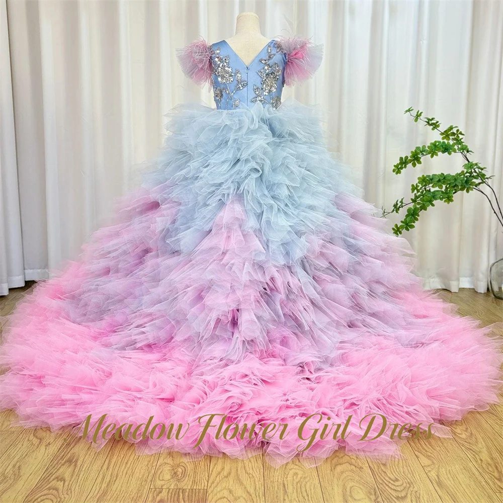 Meadow Pink Ombre Baby Kids Birthday Dress Feathers Wedding Dress for Girls 3-13 Years Old Layered Tulle Girls Princess Dress