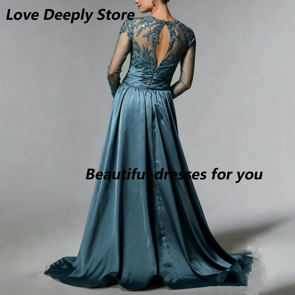 Customized Mermaid Mother Of Bride Dresses Dusty Teal Long Sleeve Lace Sequin Satin Criss-cross Wrap Waist Wedding Guest Dress