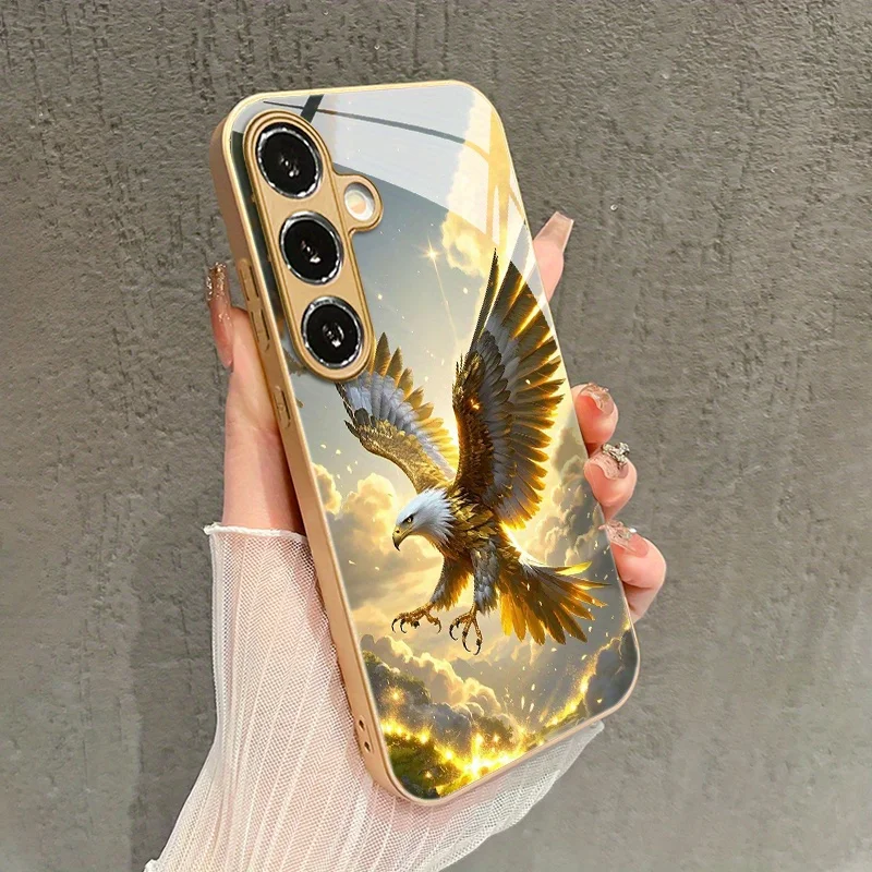 Golden Eagle Cool High-End Pattern Glass Phone Case for Galaxy S22/S23/S23 Ultra/S24/S24 FE/S24 Ultra/S25/S25 Ultra/S25 Plus