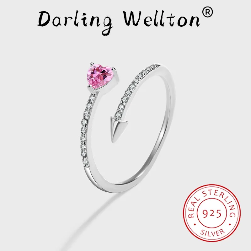 

Creative Irregular Pink Crystal Heart Shape Arrow Full Diamond Couple Ring For Women Original Sterling Silver Valentine Jewelry