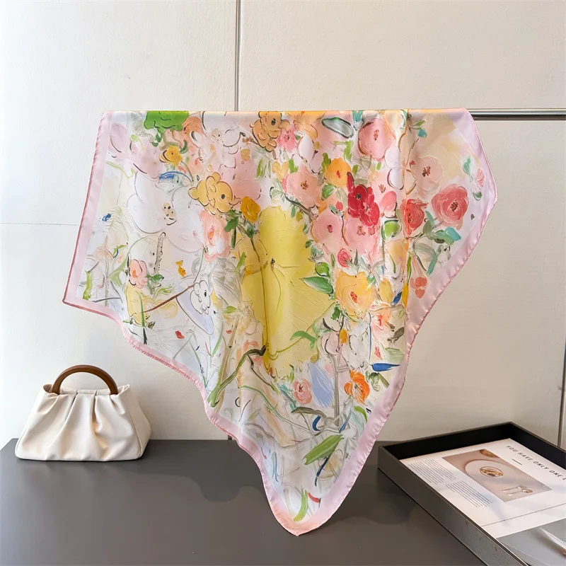 

Luxury Floral Square Scarf Women Elegant Ladies Hijab Neckerchief Shawl Solid Soft Stain Silk Scarves For Travel Sun Protection