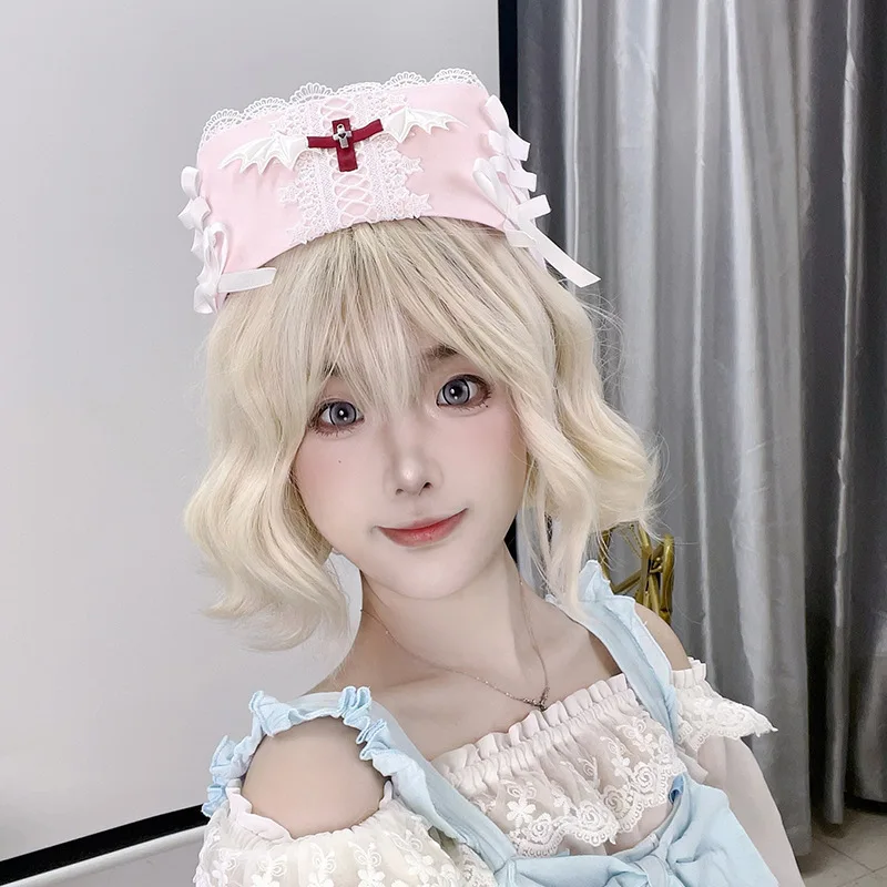 Subkultura Gotyk Dark Punk Y2k Dziewczyna Pielęgniarka Medyczna Kapelusz z Słodką Koronkową Kokardą Lolita Kapelusz Anioła Rekwizyty do Cosplayu i Fotografii
