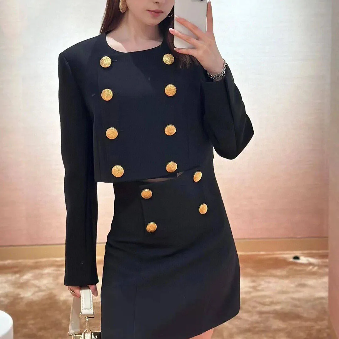 2024 New Autumn Fashion Gold Buttons Short Design Jacket Women O-neck Long Sleeve Elegant Chic Slim Coat