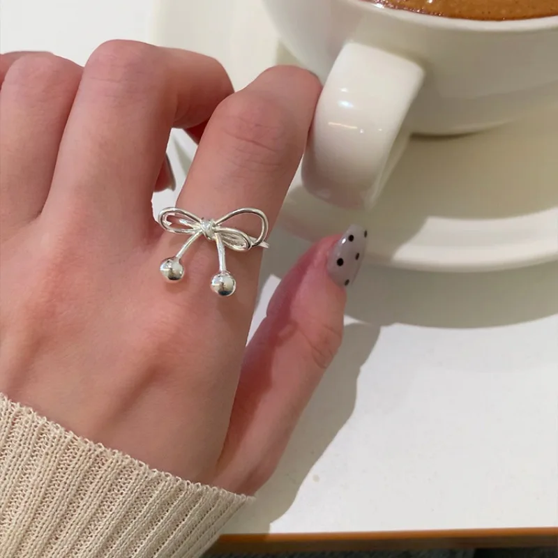 PANJBJ 925 Sterling Silver Bow Knot Ring Hollowing Out Korean Minimalism Tassels Fashion Jewelry Gift Dropshipping