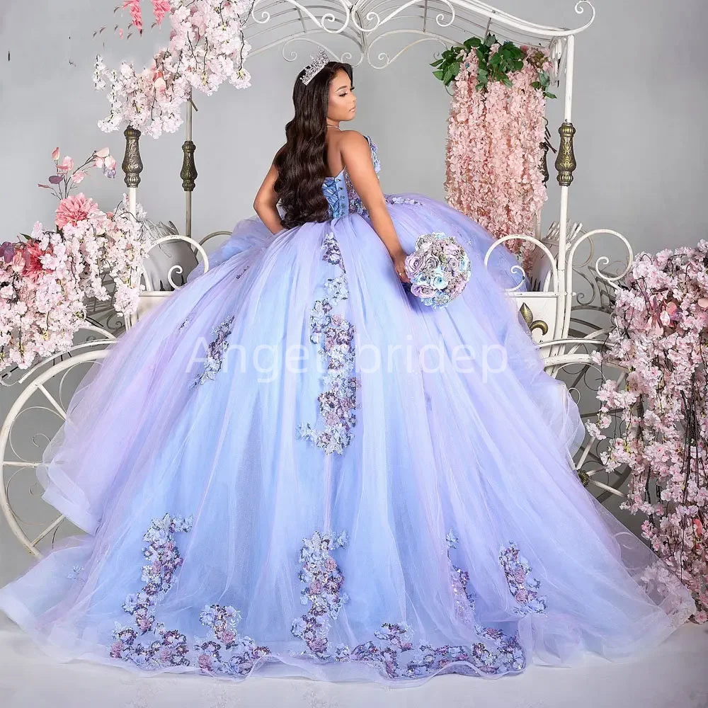 Angelsbridep ชุดชุดราตรีสวยงาม quinceanera ทำด้วยมือ3D ดอกไม้สีม่วงชุดเดรสปาร์ตี้ตอนเย็นผู้หญิง vestidos de Festa