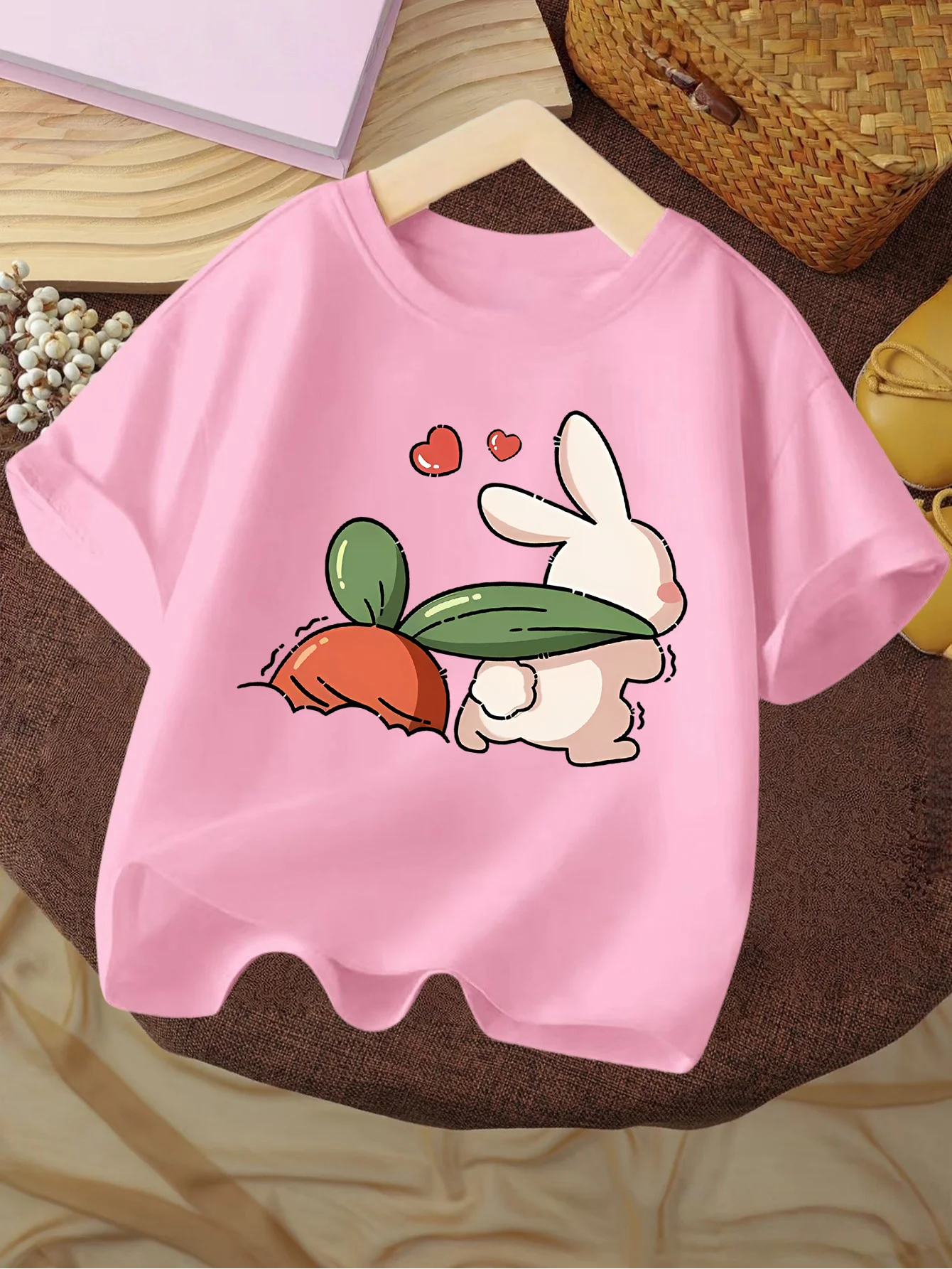 Cute White Rabbit Pulling Carrot Lovely Heart Cartoon Graphic T Shirt Family Matching Boys Girls Kids Casual Short Sleeve Tops