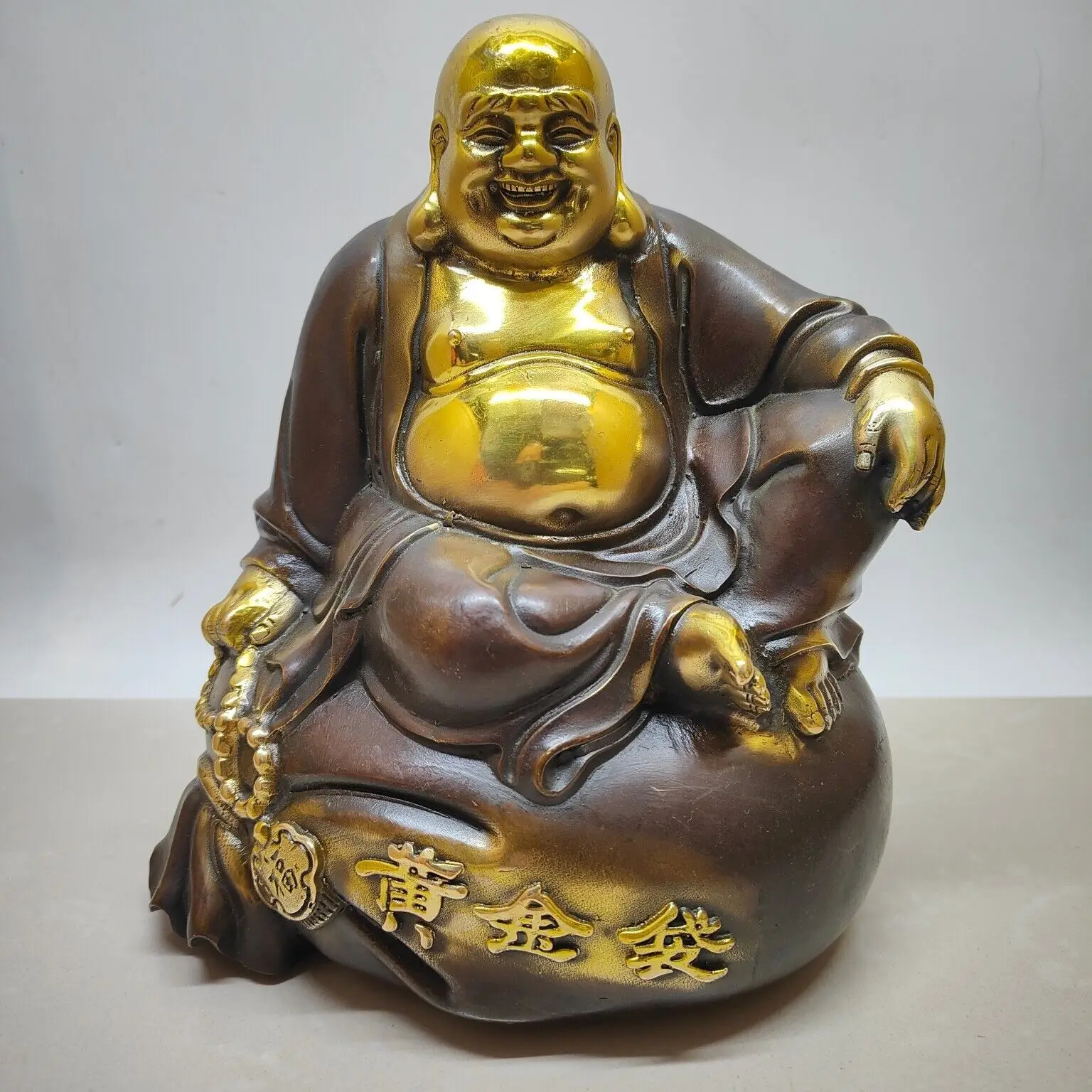 Rare Chinese Copper Bronze Gilding Golden Bag Maitreya Buddha Statue 126437