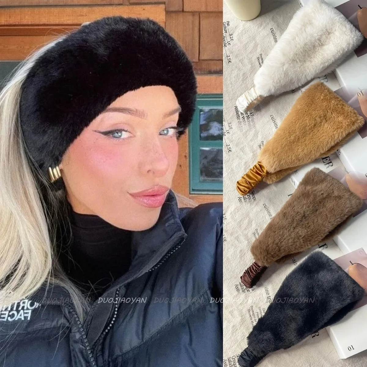 

Autumn Winter Women's Elastic Wide Edge Rabbit Fur Hairband Windproof Warm Hair Accessory for Protection And Styling