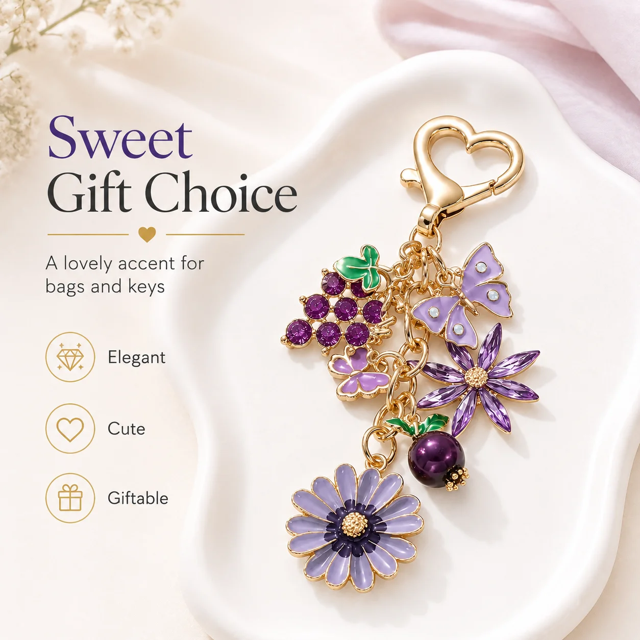 Purple Grape Flowers, Pomegranate Butterflies, Dripping Oil, Keychain, Sweet and Gentle Breeze, Car Bag Pendant