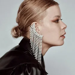 Stonefnas Long Tassel Ear Clip Earrings No Piercing for Women Rhinestone Ear Cuff Unusual 2024 Trend New Women's Jewelry Luxury