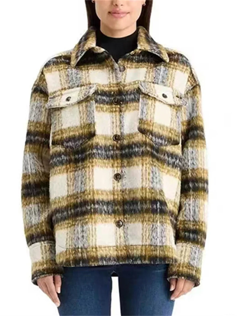 Damen Langarm Einreiher Lässige Lose Jacke Damen Retro Kontrast Plaid Umlegekragen Wollmantel 2024 Winter