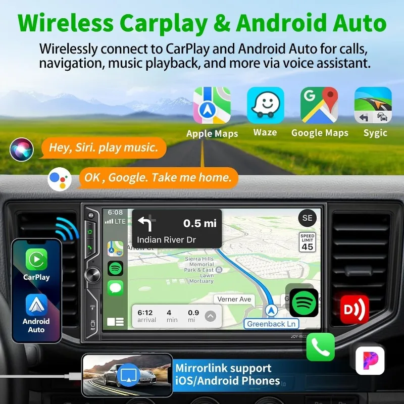 [ترقية شاشة QLED] ستيريو سيارة مزدوج الدين مقاس 7 بوصات مع كاميرا داش، CarPlay اللاسلكية وأجهزة Android Auto، Bluetooth 5.3، 240W 4