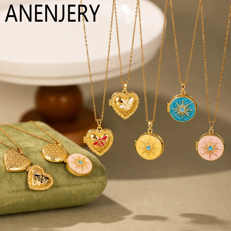 ANENJERY 316L Stainless Steel Colorful Openable Photo Frame Heart Flower Pearl Sun Necklace For Women Vintage Jewelry Souvenir