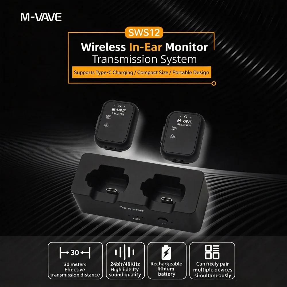 M-VAVE (WS-12) Wireless in Ear Monitor System IEM System 2.4GHz Stereo Low Latency One To More Auto Pairing