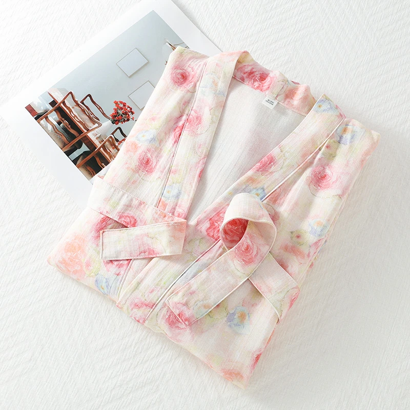 Abito da donna in puro cotone con stampa rosa, abito kimono, accappatoio da doccia traspirante, intimo sexy in stile giapponese, indumenti da notte