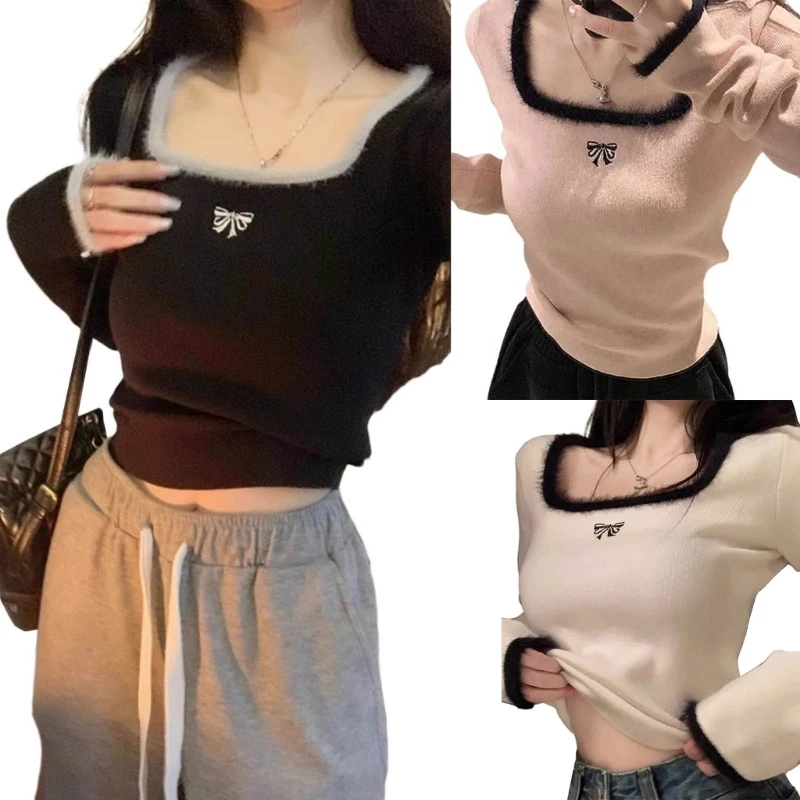 Women Bowknot Embroidery Pullover Square Neck Sweater Shirt Long Sleeve Colorblock Furry Trim Winter Warm Crop Top Dropship