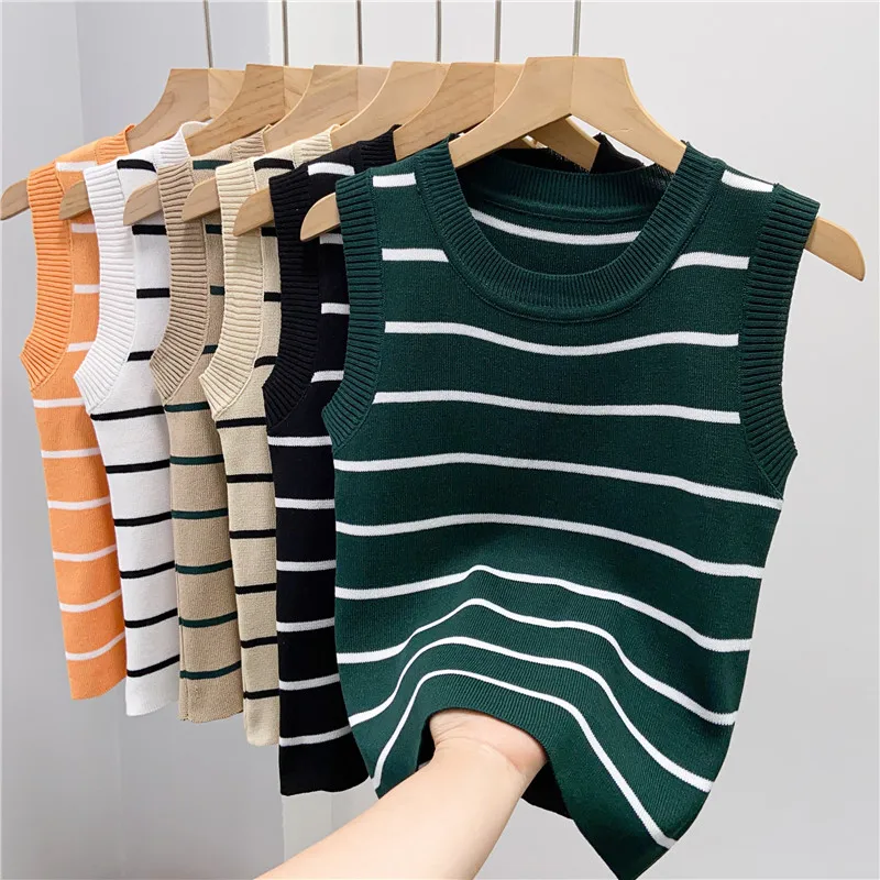 Women's Basic Tank Crop Top Female Knitted Sleeveless Basic Striped T shirts Women's Slim Stretchy Thin Knitwear Summer