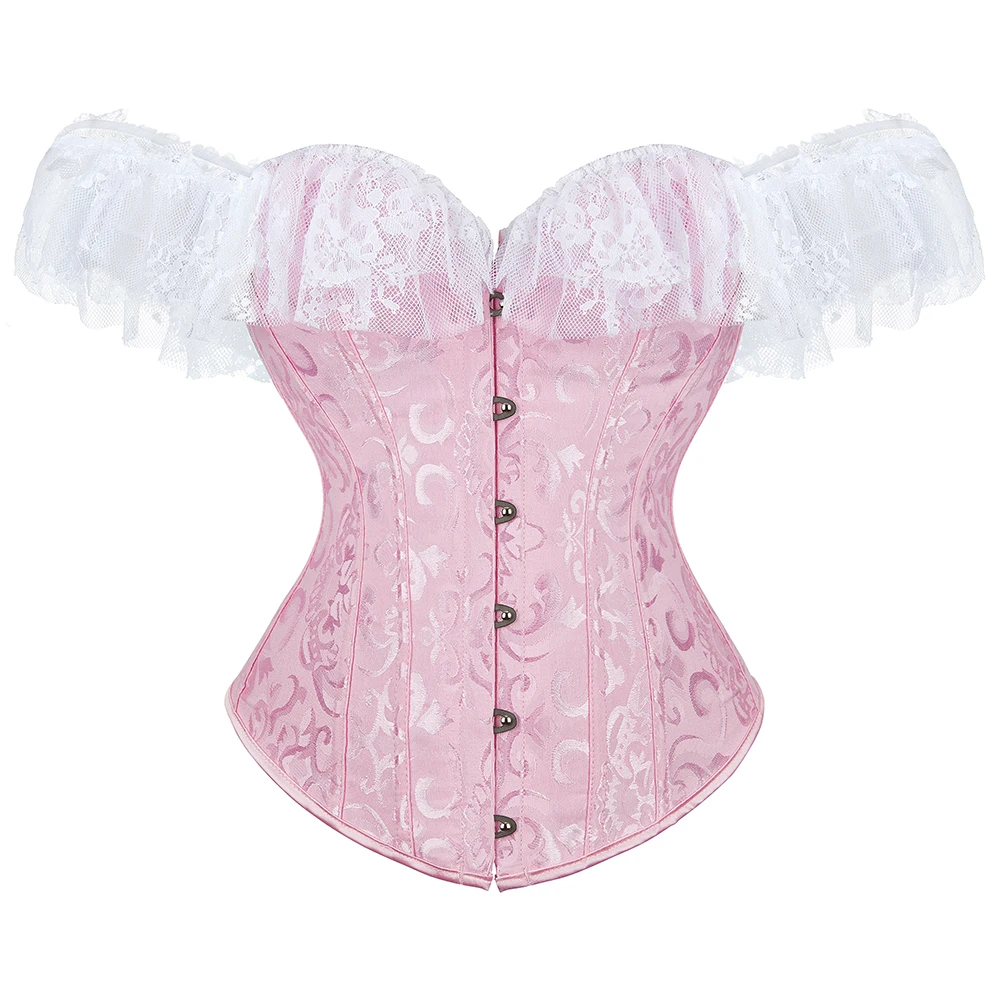 Seksowny gorset obcisły Top Plus rozmiar Vintage żakardowa kwiecista koronka rękawy klatki piersiowej segregator Corselet Overbust kobiety bielizna
