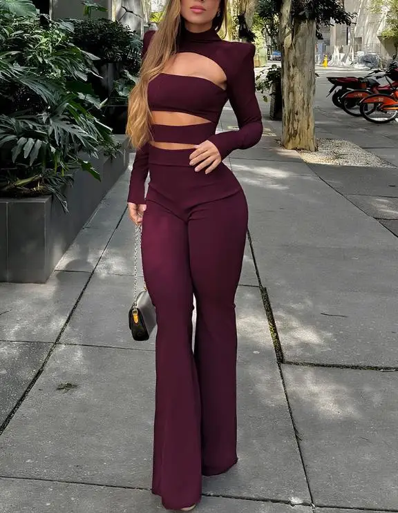 

2026 Spring/Summer New Women's Fashion Solid Color High Collar Long Sleeve Top Slimming Hollow Micro Horn jumpsuit Set