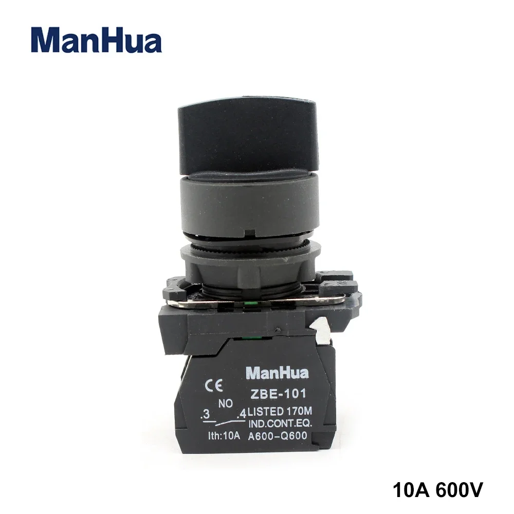 ManHua XB5-AD33 Black Button Standard Handle 3 Position Selector Rotary Switch